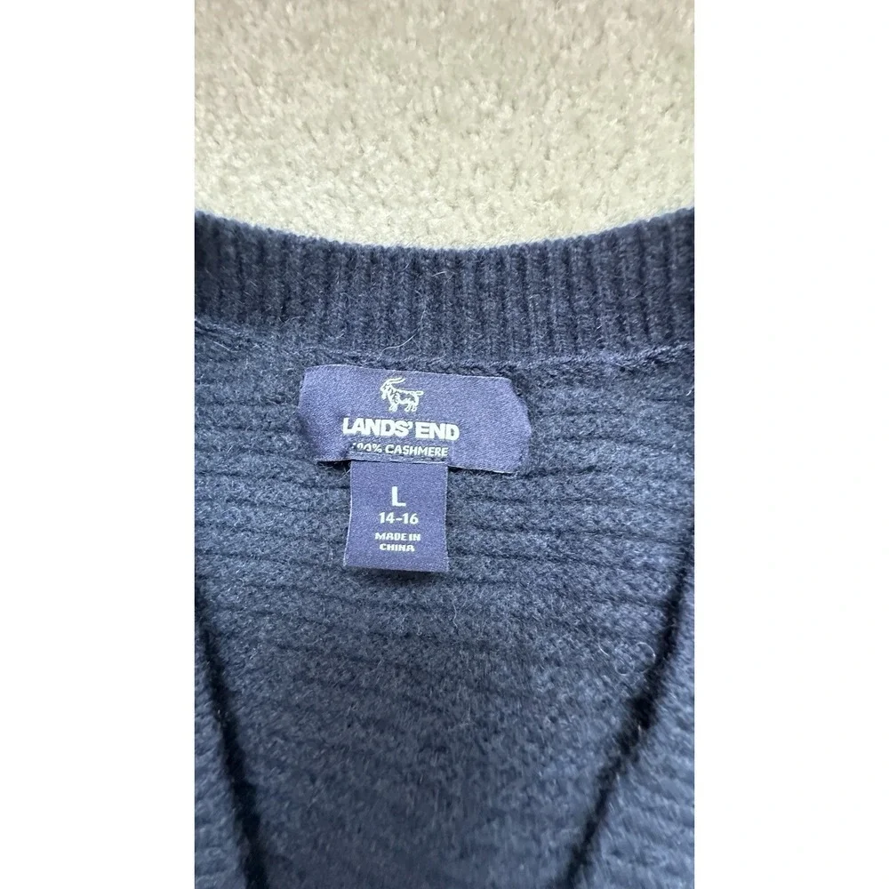 Lands' End Girls 100% Cashmere Cardigan Sweater Size L 14-16 Navy Blue